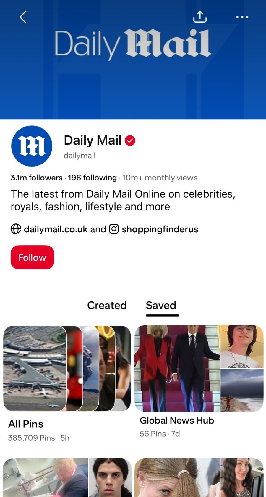 Daily Mail Pinterest profile — relaunched in 2019, now at 3.1M followers and 10M+ monthly views